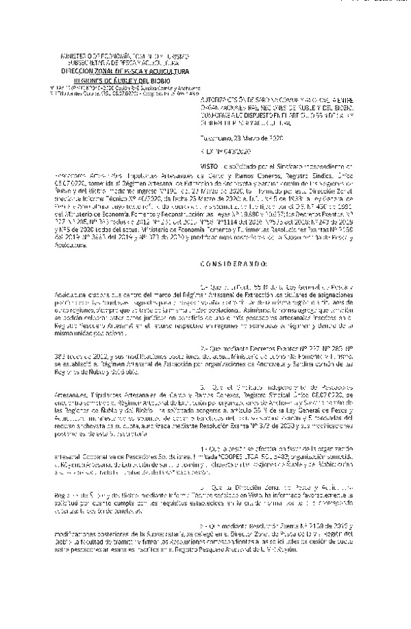 Res Ex N° 0040-2020, (DZP VIII), Autoriza cesión Sardina Común y Anchoveta Región de Ñuble-Biobío (Publicado en Página Web 24-03-2020)