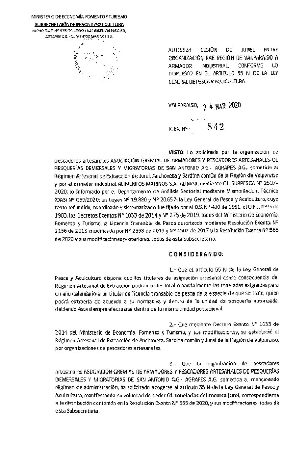 Res. Ex. N° 842-2020 Autoriza cesión Jurel Región de Valparaíso. (Publicado en Página Web 25-03-2020)