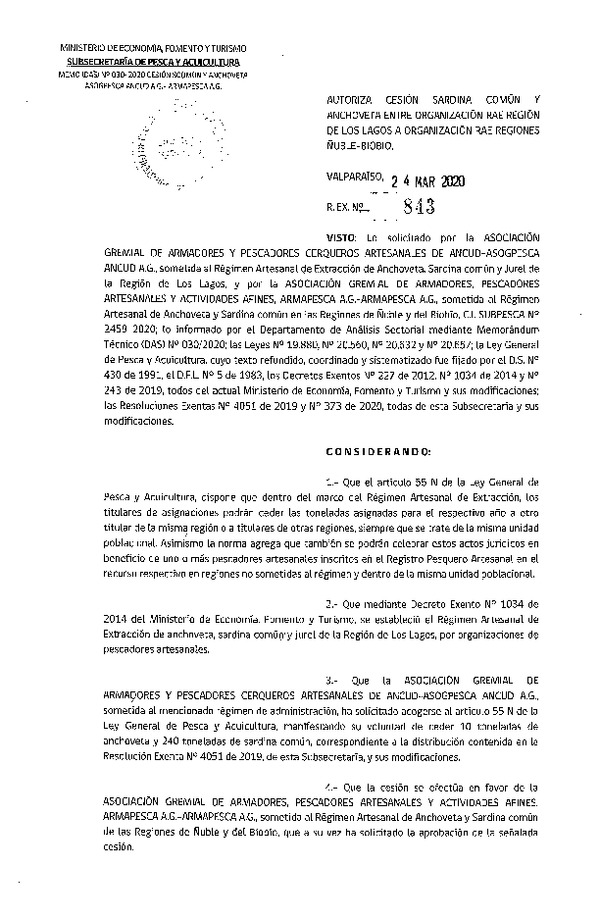 Res. Ex. N° 843-2020 Autoriza cesión Anchoveta y Sardina común Región de Los Lagos a Región del Biobío. (Publicado en Página Web 25-03-2020)