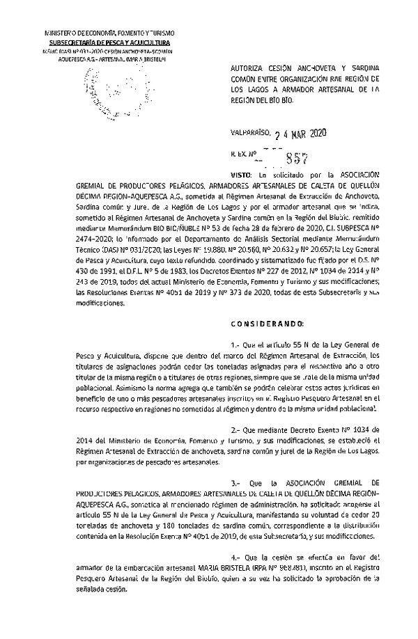 Res. Ex. N° 857-2020 Autoriza cesión Anchoveta y Sardina común Región de Los Lagos a Región del Biobío. (Publicado en Página Web 25-03-2020)