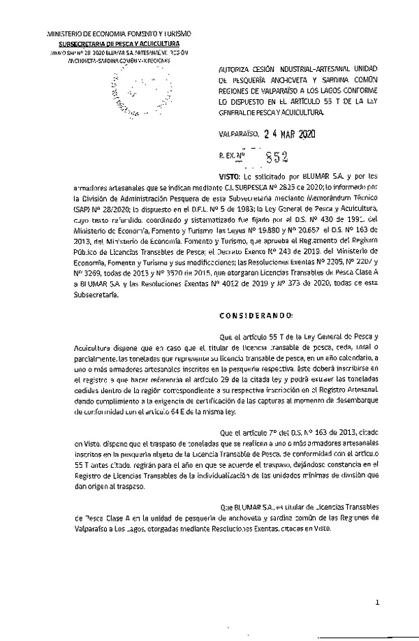 Res. Ex N° 852-2020, Autoriza Cesión anchoveta y sardina común Regiones Valparaíso-Los Lagos (Publicado en Página Web 25-03-2020).