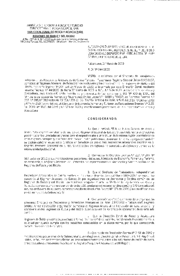 Res Ex N° 0044-2020, (DZP VIII), Autoriza cesión Sardina Común y Anchoveta Región de Ñuble-Biobío (Publicado en Página Web 30-03-2020)