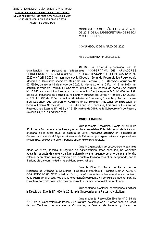 Res. Ex. N° 003 (DZP Atacama y Coquimbo) Modifica Res. Ex. N° 4038-2019 Distribución de la Fracción Artesanal de Pesquería de Anchoveta y Jurel, Región de Coquimbo, Año 2020. (Publicado en Página Web 31-03-2020)