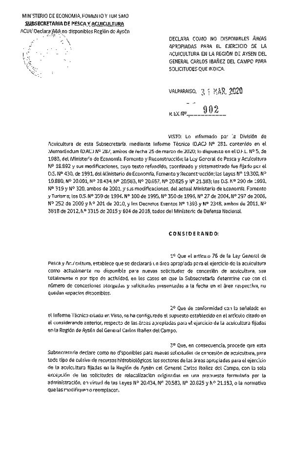 Res. Ex. N° 902-2020 Declara Como No Disponibles Áreas Apropiadas para el Ejercicio de la Acuicultura en la Región de Aysén. (Publicado en Página Web 01-14-2020) (F.D.O. 06-04-2020)