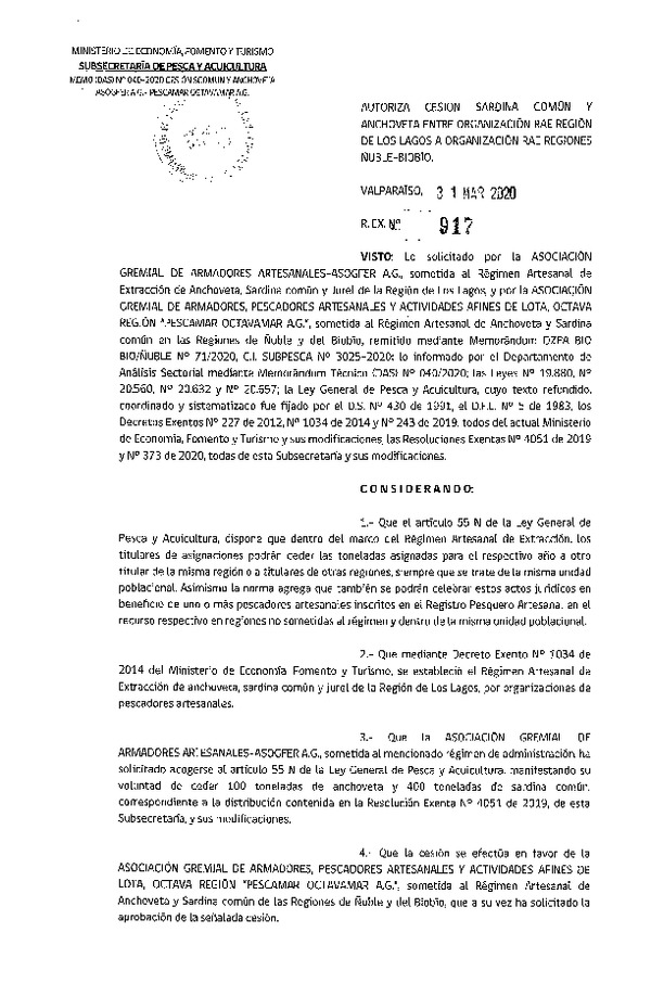 Res. Ex. N° 917-2020 Autoriza cesión Sardina común y Anchoveta Región de Los Lagos a Región del Biobío. (Publicado en Página Web 02-04-2020)