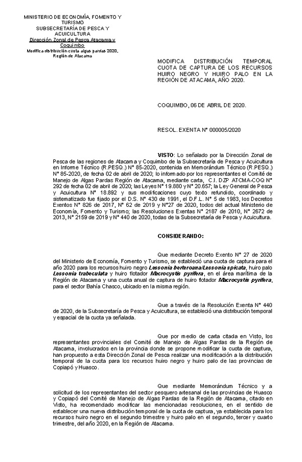 Res. Ex. N! 05-2020 Modifica distribución cuota algas pardas 2020, Región de Atacama. (Publicado en Pàgina Web 06-04-2020)