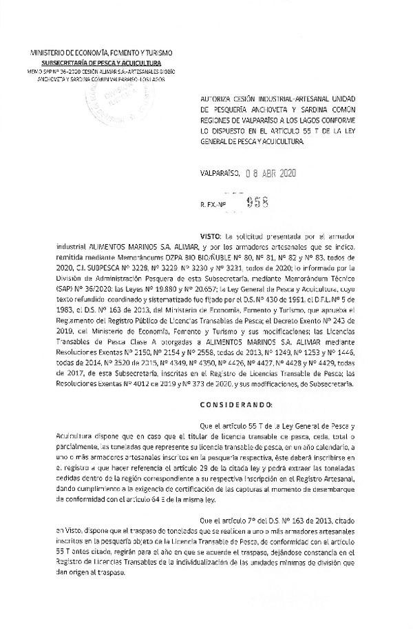 Res. Ex N° 958-2020, Autoriza Cesión anchoveta y sardina común Regiones Valparaíso-Los Lagos (Publicado en Página Web 09-03-2020).
