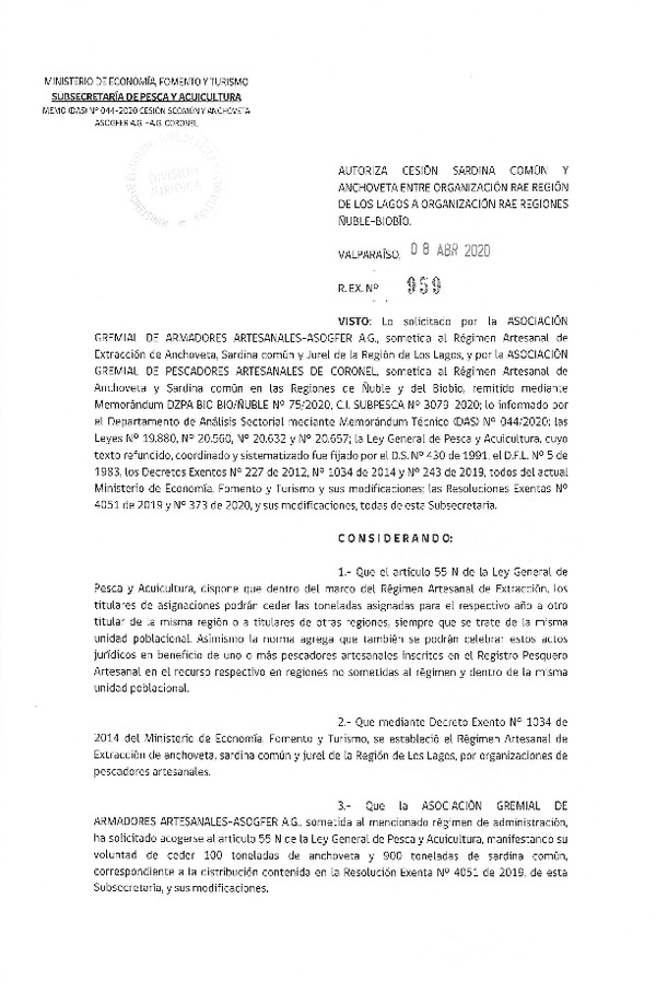 Res. Ex. N° 959-2020 Autoriza cesión Sardina común y Anchoveta Región de Los Lagos a Región de Ñuble y del Biobío. (Publicado en Página Web 09-04-2020)