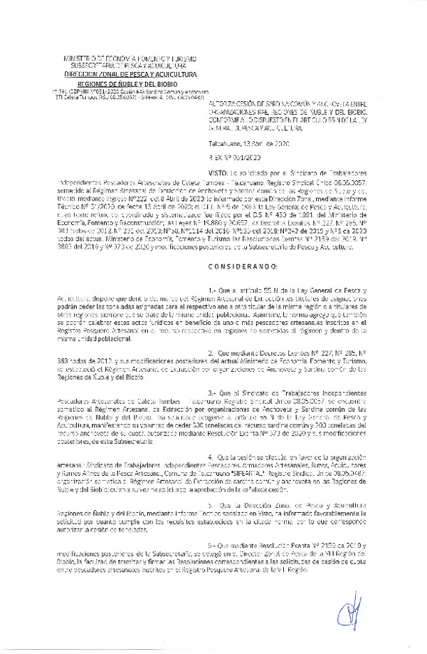Res Ex N° 0051-2020, (DZP VIII), Autoriza cesión Sardina Común y Anchoveta Región de Ñuble-Biobío (Publicado en Página Web 14-04-2020)