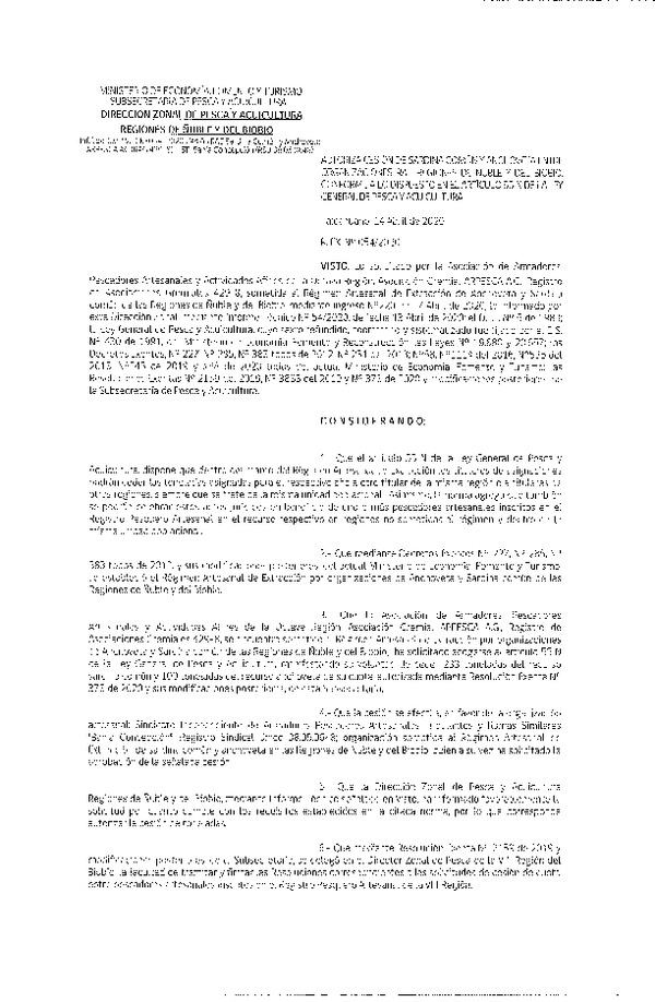 Res Ex N° 0054-2020, (DZP VIII), Autoriza cesión Sardina Común y Anchoveta Región de Ñuble-Biobío (Publicado en Página Web 15-04-2020)