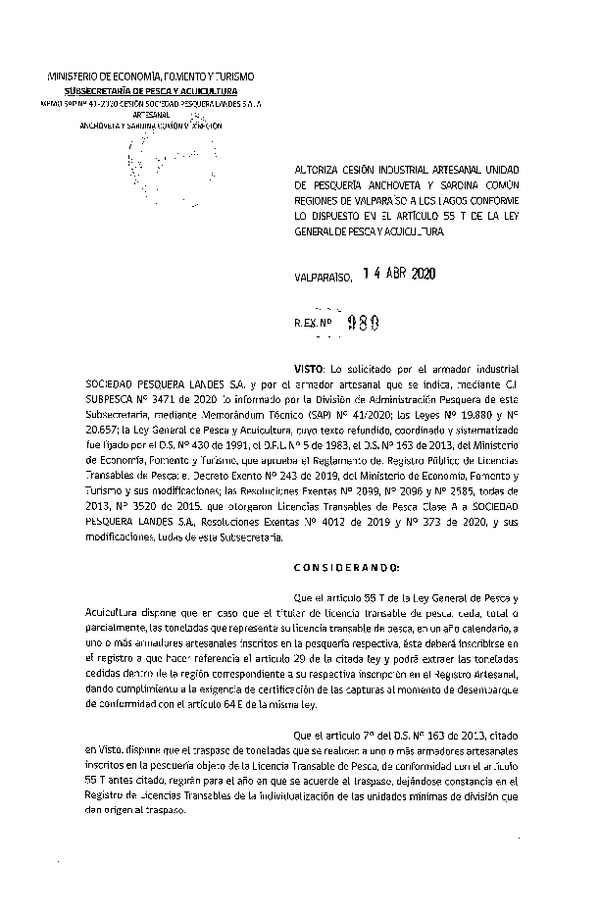 Res. Ex N° 989-2020, Autoriza Cesión anchoveta y sardina común Regiones Valparaíso-Los Lagos (Publicado en Página Web 15-04-2020).