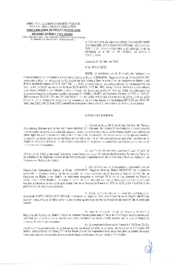 Res Ex N° 0057-2020, (DZP VIII), Autoriza cesión Sardina Común y Anchoveta Región de Ñuble-Biobío (Publicado en Página Web 16-04-2020)