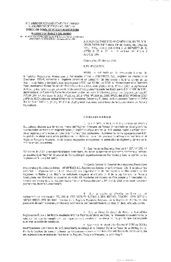 Res Ex N° 0059-2020, (DZP VIII), Autoriza cesión Sardina Común y Anchoveta Región de Ñuble-Biobío (Publicado en Página Web 16-04-2020)