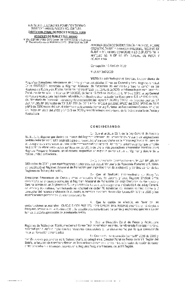 Res Ex N° 0060-2020, (DZP VIII), Autoriza cesión Sardina Común y Anchoveta Región de Ñuble-Biobío (Publicado en Página Web 17-04-2020)