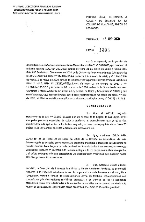 Res. Ex. N° 1008-2020 Propone Áreas Destinadas de para Colecta de Semillas en la Comuna de Hualaihué, Región de Los Lagos. (Publicado en Página Web 20-04-2020)