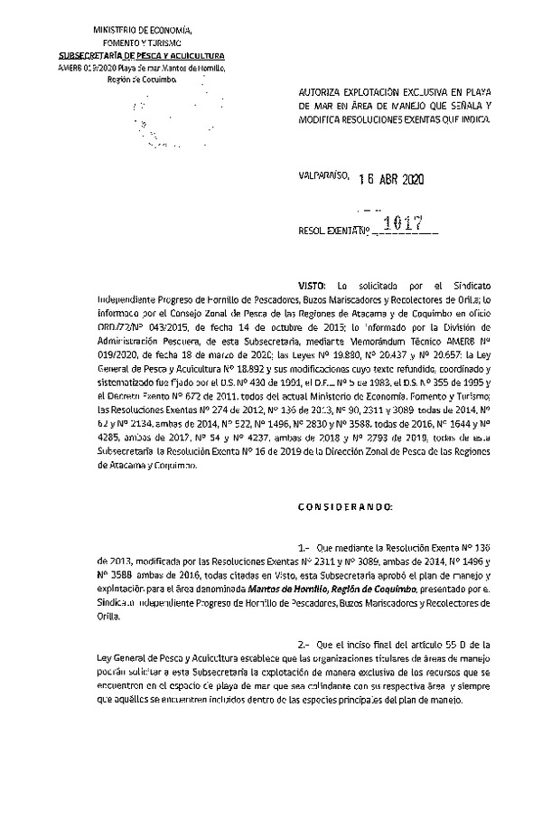 Res. Ex. N° 1017-2020 Autoriza Explotación Exclusiva en Playa de Mar. (Publicado en Página Web 21-04-2020)