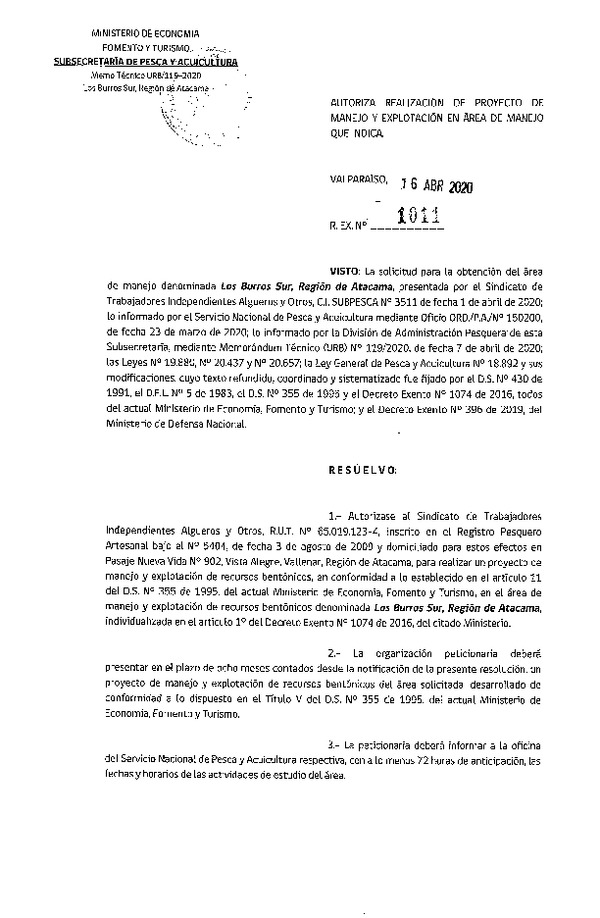 Res. Ex. N° 1011-2020 Proyecto de Manejo. (Publicado en Página Web 21-04-2020)
