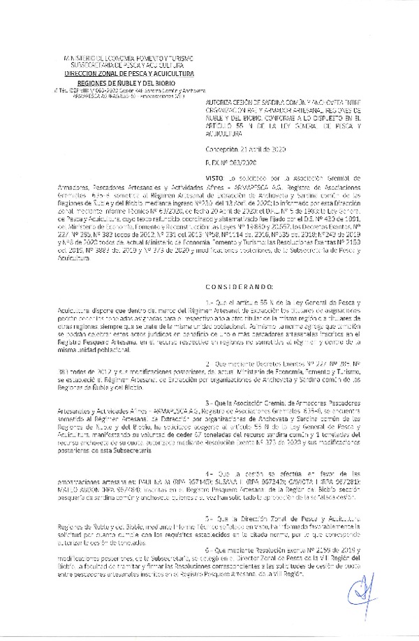 Res Ex N° 0063-2020, (DZP VIII), Autoriza cesión Sardina Común y Anchoveta Región de Ñuble-Biobío (Publicado en Página Web 22-04-2020)