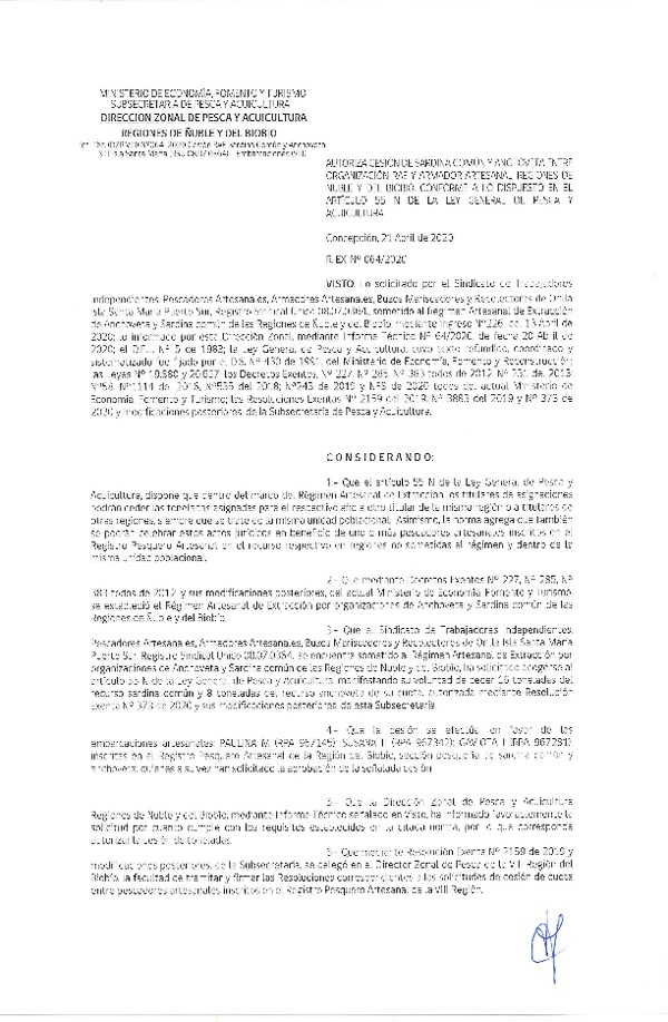 Res Ex N° 0064-2020, (DZP VIII), Autoriza cesión Sardina Común y Anchoveta Región de Ñuble-Biobío (Publicado en Página Web 22-04-2020)