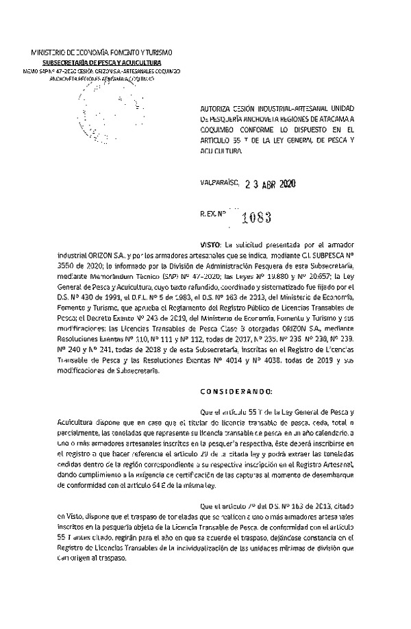 Res. Ex. N° 1083-2020 Autoriza cesión pesquería Anchoveta, Regiones de Atacama y Coquimbo. (Publicado en Página Web 23-04-2020)