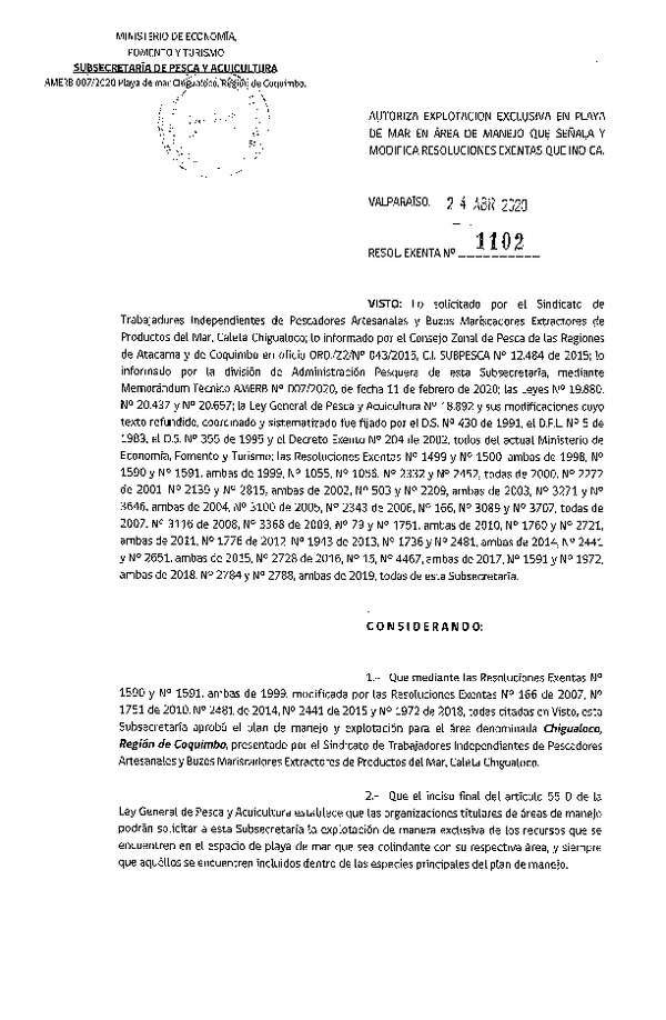 Res. Ex. N° 1102-2020 Autoriza explotación de Exclusiva en Playa de mar. (Publicado en Página Web 28-04-2020)