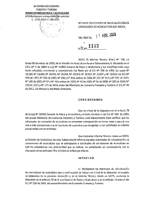 Res. Ex. N° 1132-2020 Rechaza solicitudes de relocalización de concesiones de acuicultura que indica.