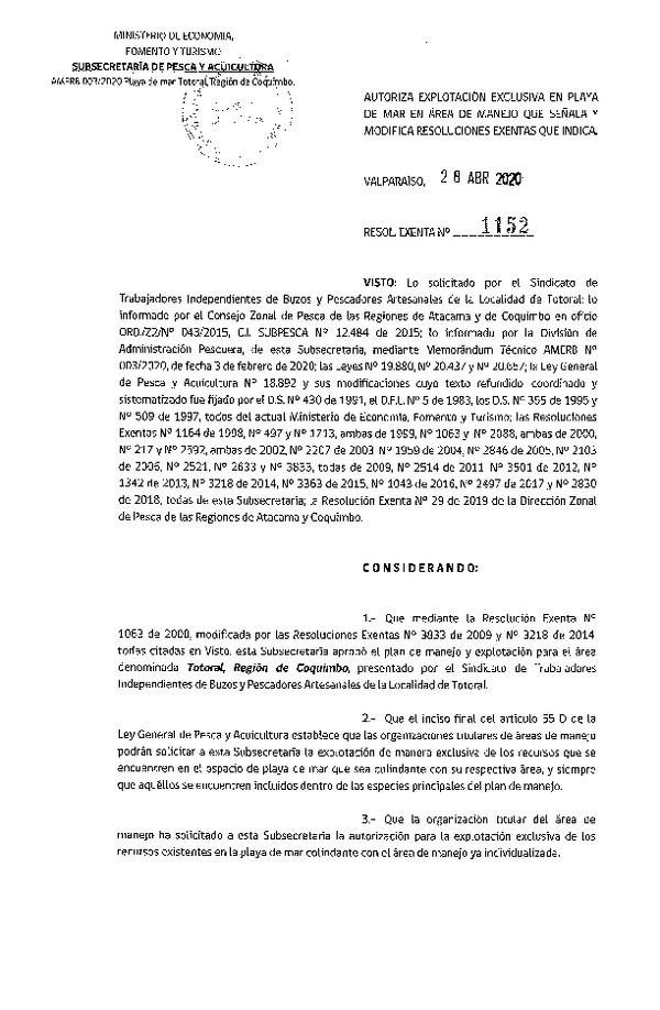 Res. Ex. N° 1152-2020 Autoriza Explotación Exclusiva de Playa. (Publicado en Página Web 30-04-2020)