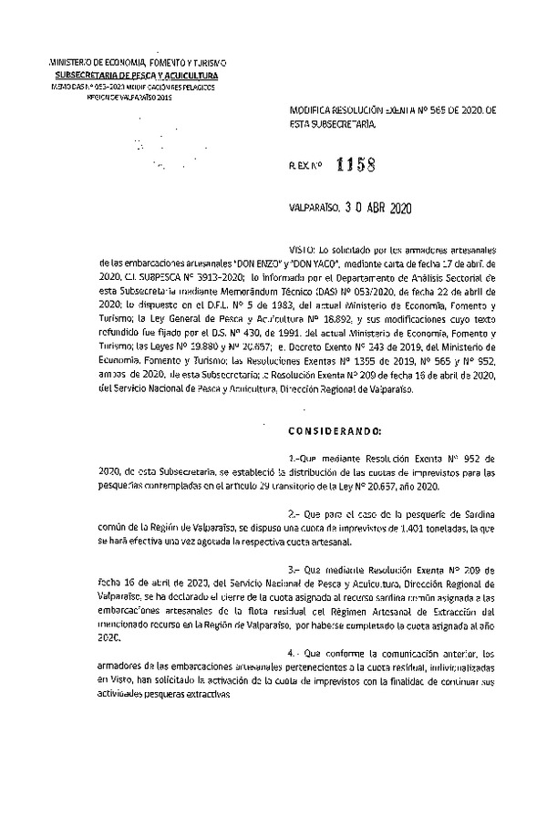 Res. Ex. N° 1158-2020 Modifica Res Ex N° 565-2020, Distribución de la fracción artesanal de pesquería de Anchoveta, Sardina Común y Jurel en la Región de Valparaíso, año 2020 (Publicado en Página Web 30-04-2020).