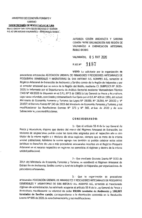 Res. Ex. N° 1187-2020 Autoriza cesión Sardina común y Anchoveta Región de Valparaíso a Región de Ñuble-Biobío. (Publicado en Página Web 05-05-2020)