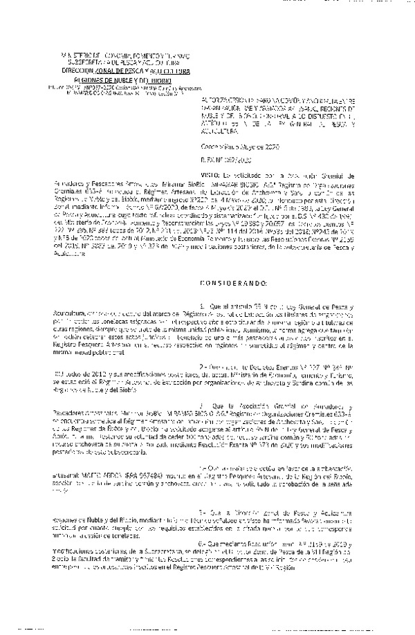 Res Ex N° 0067-2020, (DZP VIII), Autoriza cesión Sardina Común y Anchoveta Región de Ñuble-Biobío (Publicado en Página Web 05-05-2020)