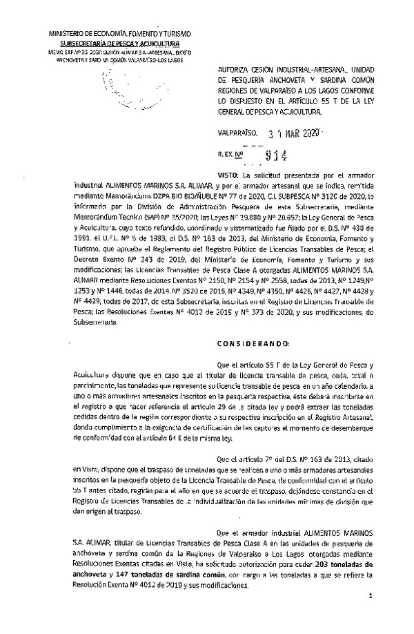 Res. Ex N° 914-2020, Autoriza Cesión anchoveta y sardina común Regiones Valparaíso-Los Lagos (Publicado en Página Web 31-03-2020).