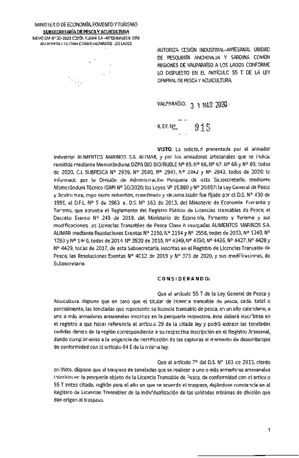 Res. Ex N° 915-2020, Autoriza Cesión anchoveta y sardina común Regiones Valparaíso-Los Lagos (Publicado en Página Web 31-03-2020).