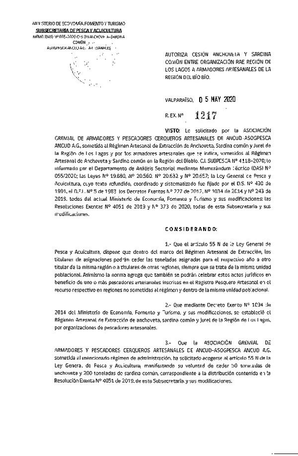 Res. Ex. N° 1217-2020 Autoriza cesión Sardina común y Anchoveta Región de Valparaíso a Región del Biobío. (Publicado en Página Web 07-05-2020)