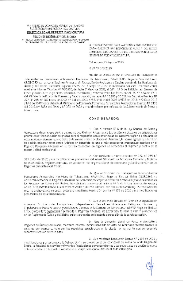 Res Ex N° 0070-2020, (DZP VIII), Autoriza cesión Sardina Común y Anchoveta Región de Ñuble-Biobío (Publicado en Página Web 08-05-2020)