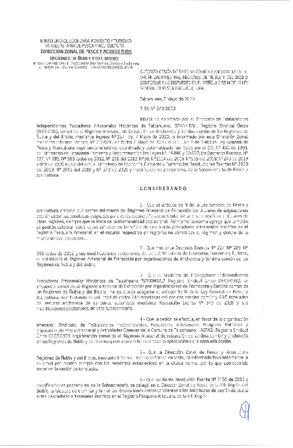 Res Ex N° 0071-2020, (DZP VIII), Autoriza cesión Sardina Común y Anchoveta Región de Ñuble-Biobío (Publicado en Página Web 08-05-2020)