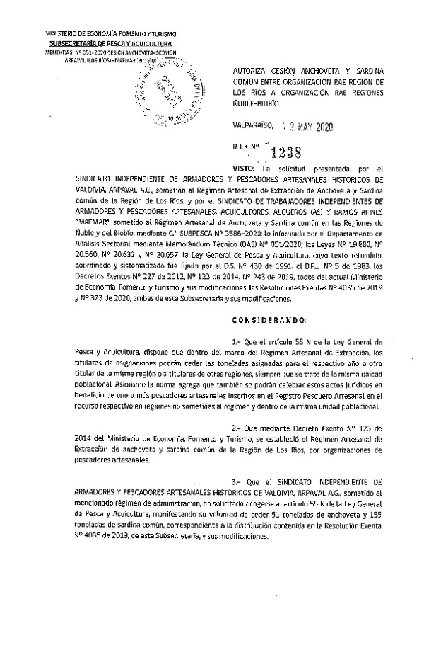 Res. Ex. N° 1238-2020 Autoriza cesión Anchoveta y Sardina común Región de Los Ríos a Regiones Ñuble-Biobío. (Publicado en Página Web 12-05-2020)