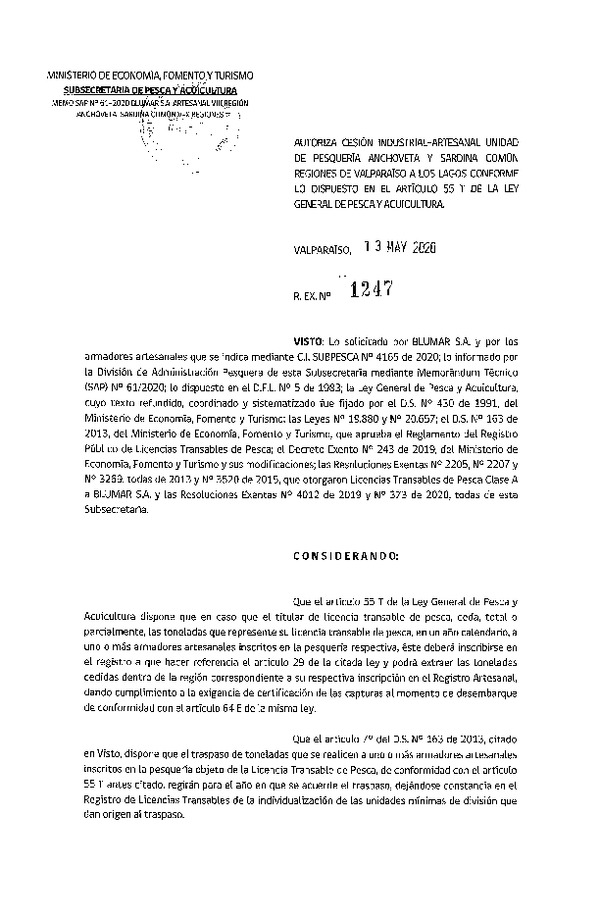 Res. Ex. N° 1247-2020 Autoriza Cesión anchoveta y sardina común Regiones Valparaíso-Los Lagos (Publicado en Página Web 14-05-2020).