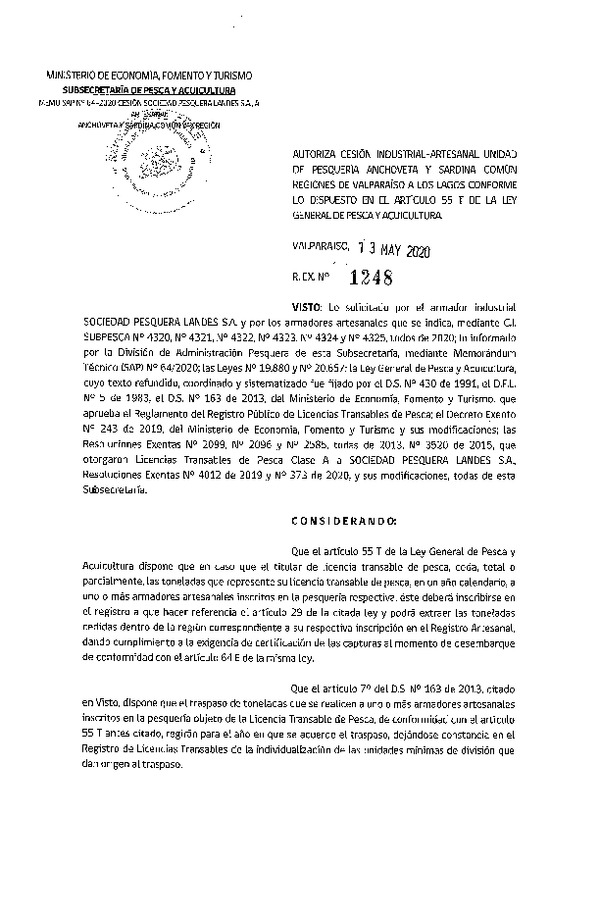 Res. Ex. N° 1248-2020 Autoriza Cesión anchoveta y sardina común Regiones Valparaíso-Los Lagos (Publicado en Página Web 14-05-2020).