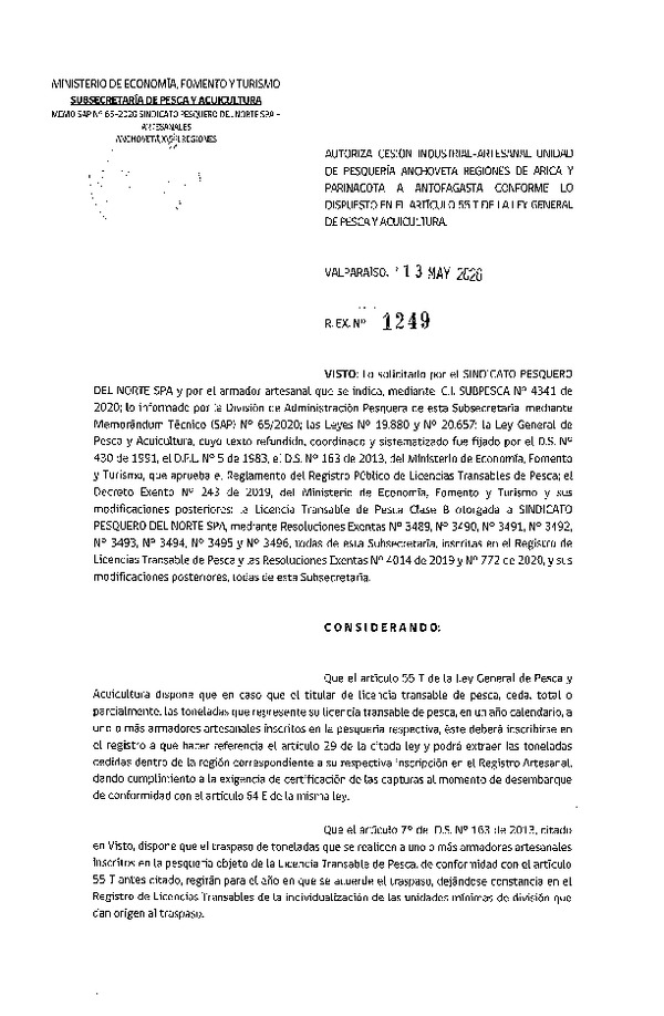Res. Ex. N° 1249-2020 Autoriza Cesión anchoveta y sardina común Regiones de Arica y Parinacota a Antofagasta (Publicado en Página Web 14-05-2020).