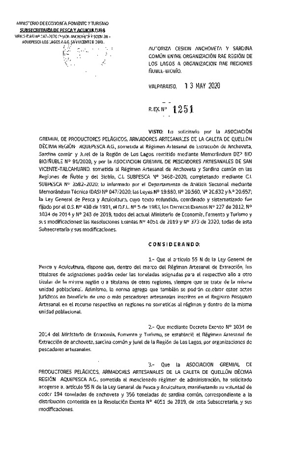Res. Ex. N° 1251-2020 Autoriza cesión Sardina común y Anchoveta Región de Los Lagos a Ñuble-Biobío. (Publicado en Página Web 14-05-2020)