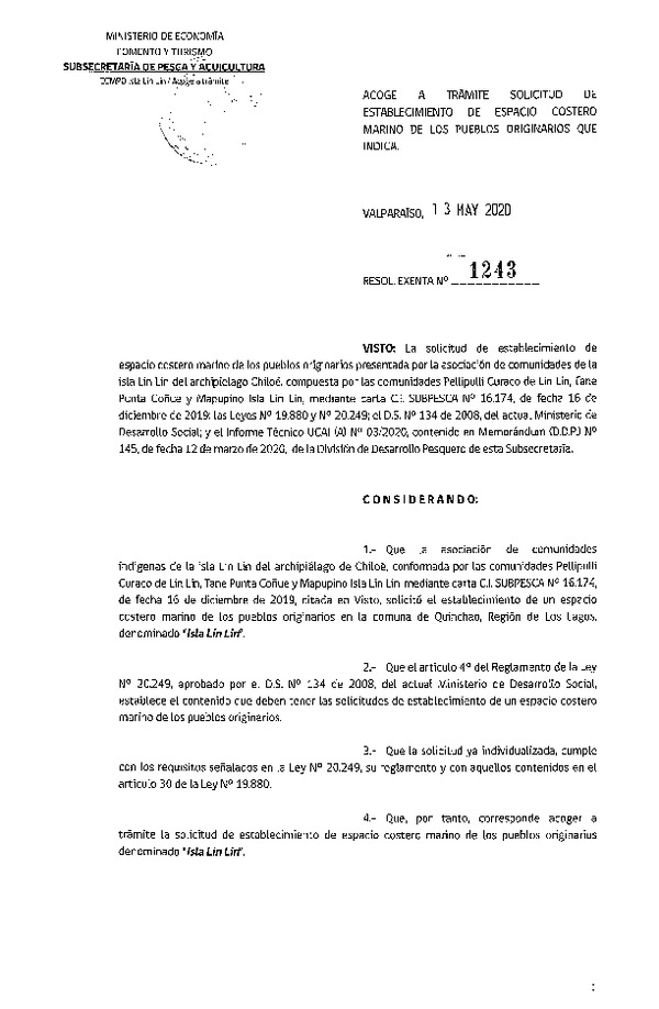 Res. Ex. N° 1243-2020 Acoge a trámite solicitud de establecimiento de ECMPO Isla Lin Lin. (Publicado en Página Web 14-05-2020)