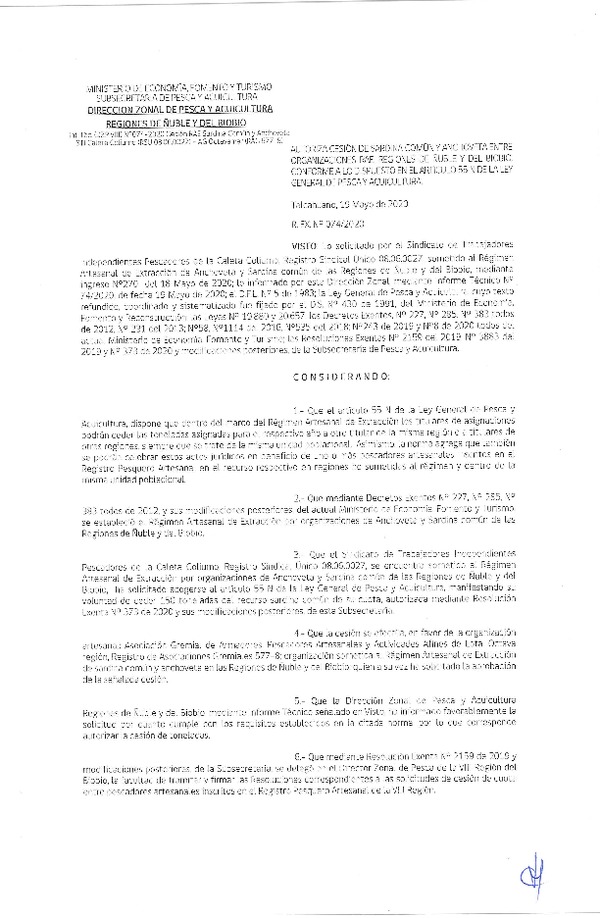 Res Ex N° 0074-2020, (DZP VIII), Autoriza cesión Sardina Común y Anchoveta Región de Ñuble-Biobío (Publicado en Página Web 19-05-2020)