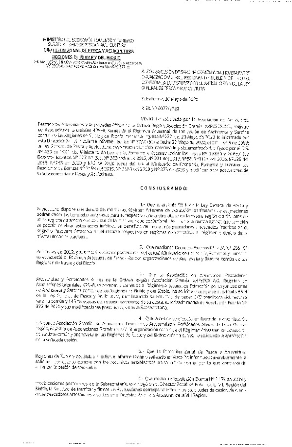 Res Ex N° 0077-2020, (DZP VIII), Autoriza cesión Sardina Común y Anchoveta Región de Ñuble-Biobío (Publicado en Página Web 22-05-2020)