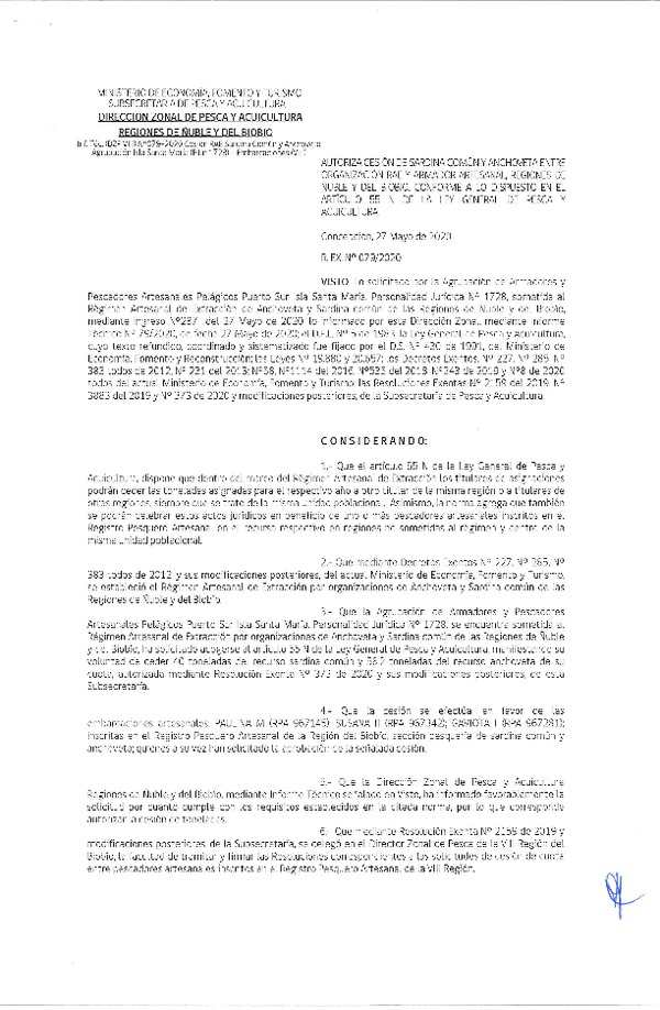 Res Ex N° 0079-2020, (DZP VIII), Autoriza cesión Sardina Común y Anchoveta Región de Ñuble-Biobío (Publicado en Página Web 28-05-2020)