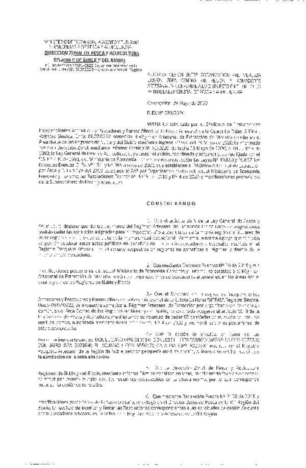 Res Ex N° 0081-2020, (DZP VIII), Autoriza cesión Merluza común Región de Ñuble-Biobío (Publicado en Página Web 29-05-2020)