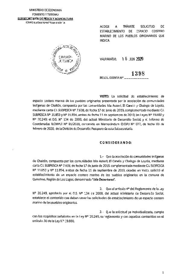 Res. Ex. N° 1398-2020 Acoge a trámite solicitud de establecimiento de ECMPO Isla Desertores. (Publicado en Página Web 16-06-2020)