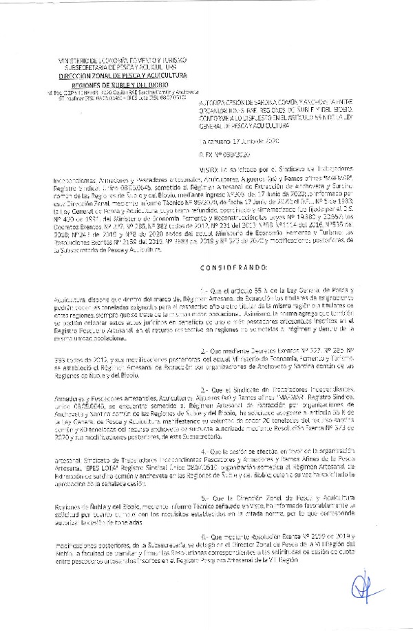 Res Ex N° 0089-2020, (DZP VIII), Autoriza cesión Sardina Común y Anchoveta Región de Ñuble-Biobío (Publicado en Página Web 18-06-2020)