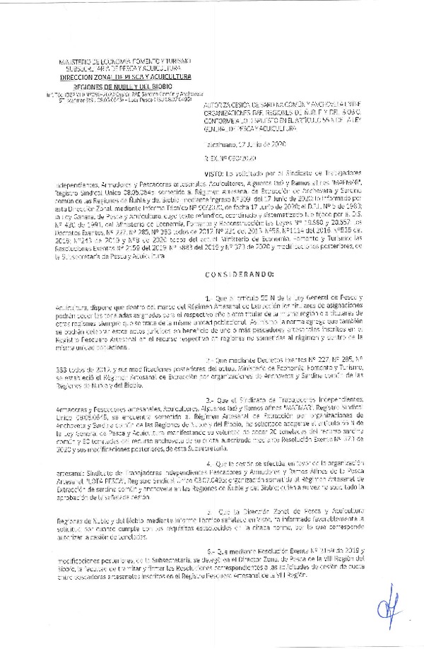 Res Ex N° 0090-2020, (DZP VIII), Autoriza cesión Sardina Común y Anchoveta Región de Ñuble-Biobío (Publicado en Página Web 18-06-2020)