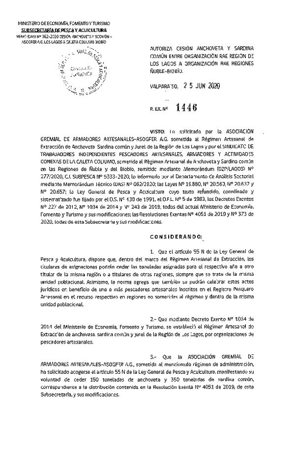 Res. Ex. N° 1446-2020 Autoriza cesión de Anchoveta y Sardina común Región de Los Lagos a Ñuble- Biobío. (Publicado en Página Web 30-06-2020)
