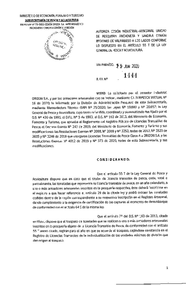 Res. Ex. N° 1444-2020 Autoriza Cesión anchoveta y sardina común Regiones Valparaíso-Los Lagos (Publicado en Página Web 30-06-2020).